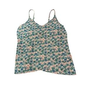 Lands End Tankini Top Swimsuit Sz Large 14/16 Blue Floral Layered Built In Bra